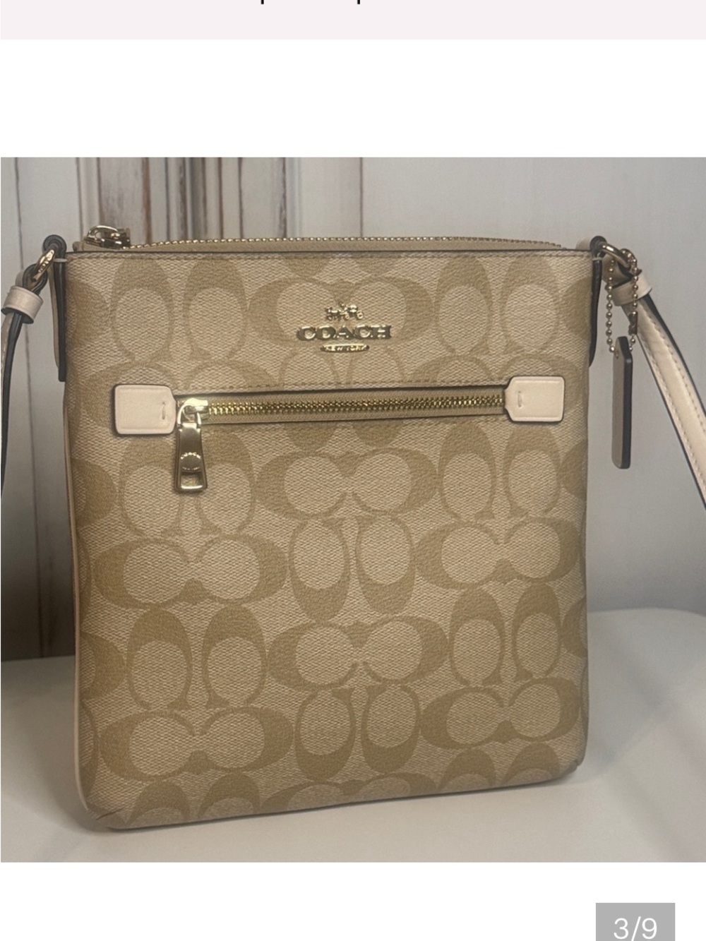 New Coach CE871 Crossgrain Leather File Crossbody Bag Khaki Chalk Gold Zip - Picture 2 of 8